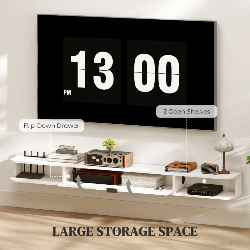 HOMCOM 71" Floating TV Stand for TVs up to 75 Inch, Wall Mounted Media Console with Flip Drawer and 2 Open Shelves, White(m-5)