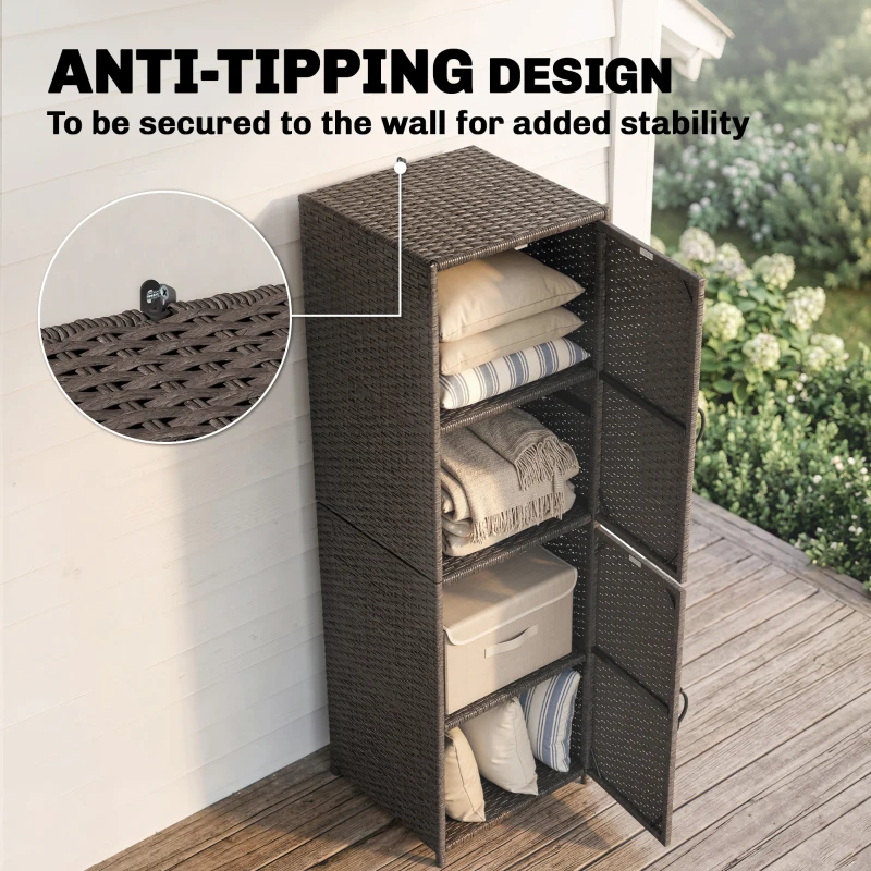 Outsunny Wicker Outdoor Storage Cabinet, 4 Shelf Patio Storage Cabinet with Adjustable Shelves and Magnetic Doors, Brown