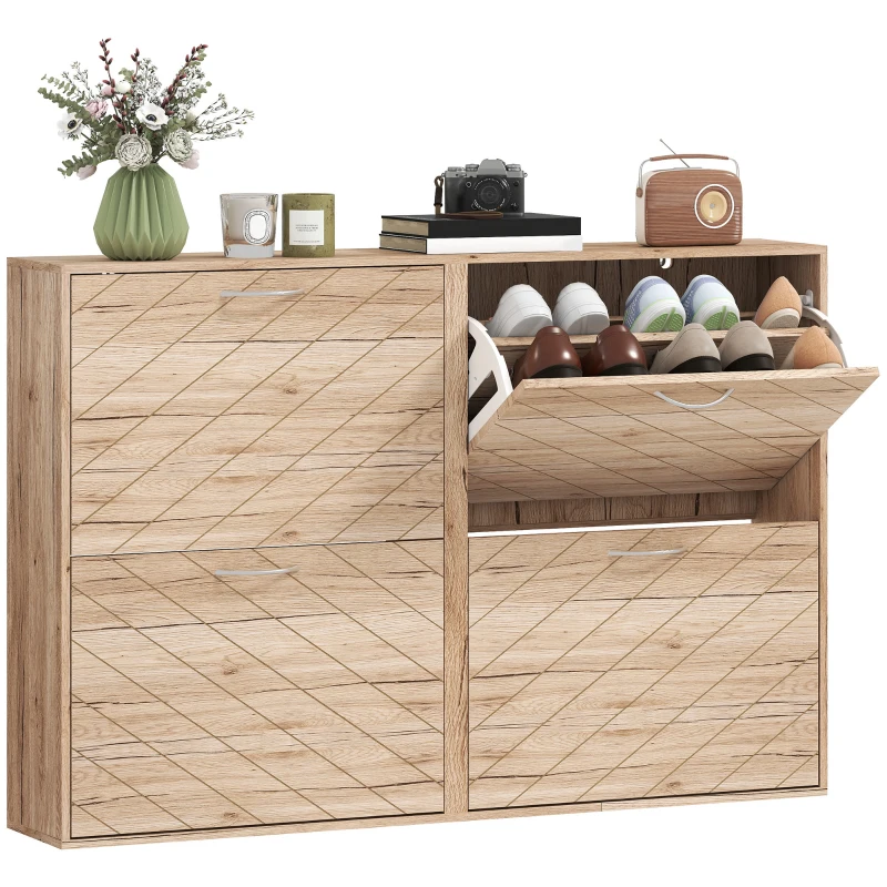 HOMCOM Shoe Storage Cabinet with 4 Flip Drawers, Narrow and Slim, 12-20 Pair of Shoes Organizer for Hallway, Entryway, Oak