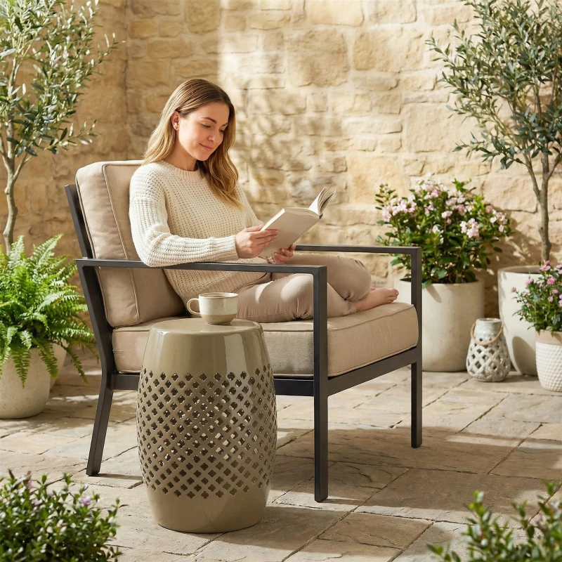 Outsunny 12.4" Steel Patio End Table, Round Hollow Drum Side Table, Accent Table for Indoor and Outdoor, Khaki