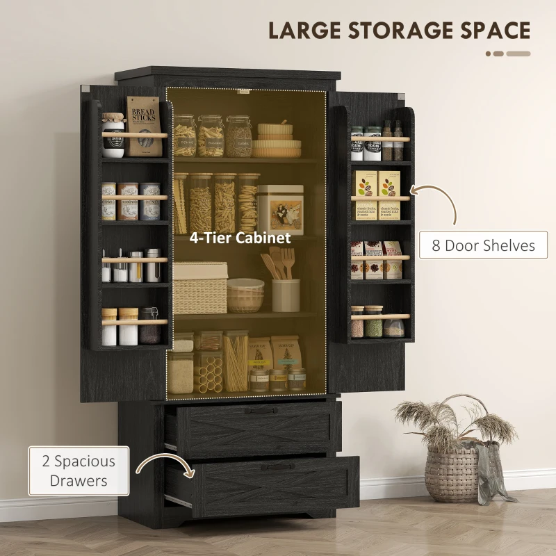 HOMCOM Farmhouse Kitchen Pantry Storage Cabinet, 64" Freestanding Kitchen Pantry Cabinet with Drawers, Distressed Black