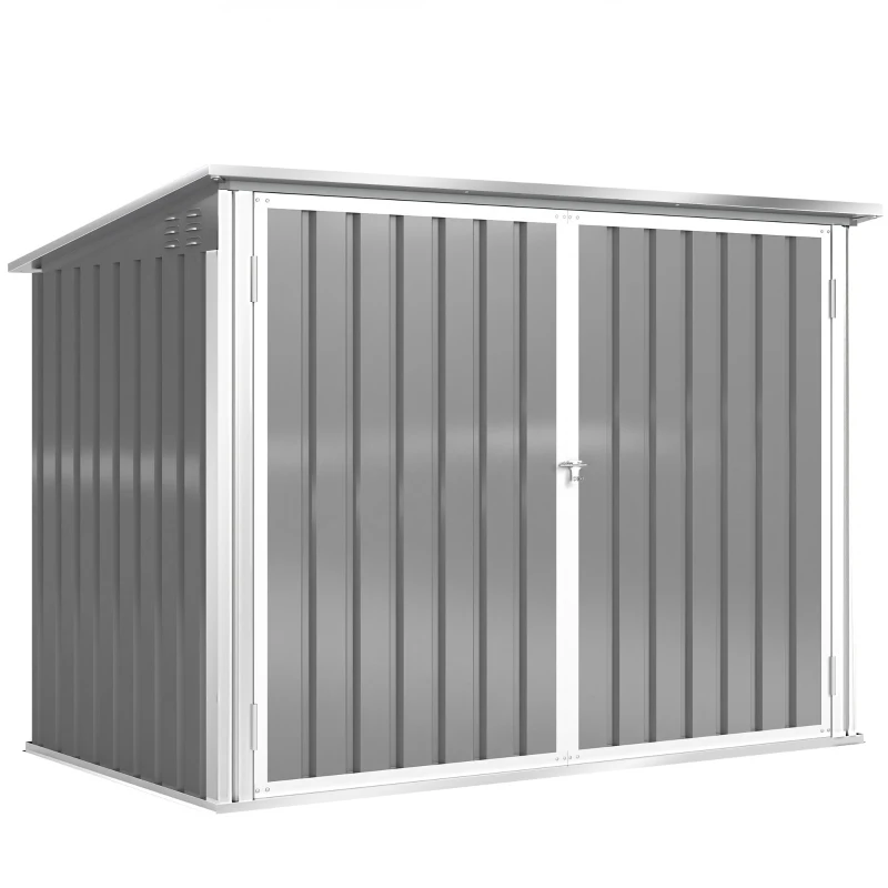 Outsunny Outdoor Metal Storage Shed Garden Garbage Can Organizer with Double Door and Vents for 2 Trash Cans, Light Grey