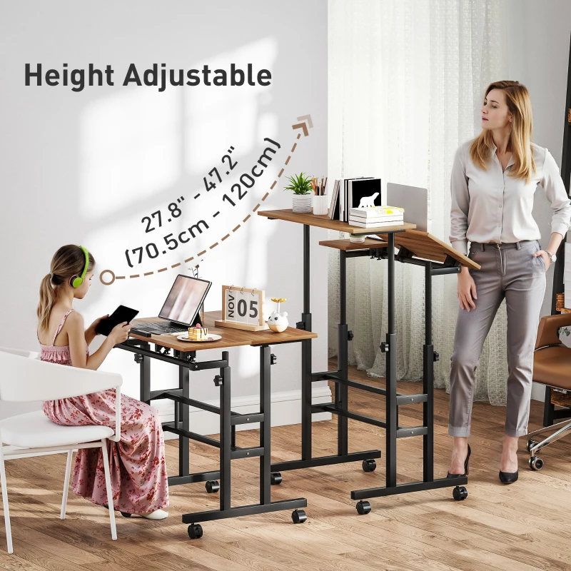 HOMCOM Mobile Stand Up Desk, Height & Angle Adjustable Computer Desk with Wheels for Standing or Sitting, Laptop Desk, Brown