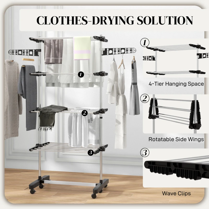 HOMCOM Garment Drying Rack Stainless Steel Folding Clothes Hanging Rack with Side Wings Castors for Indoor Outdoor Black