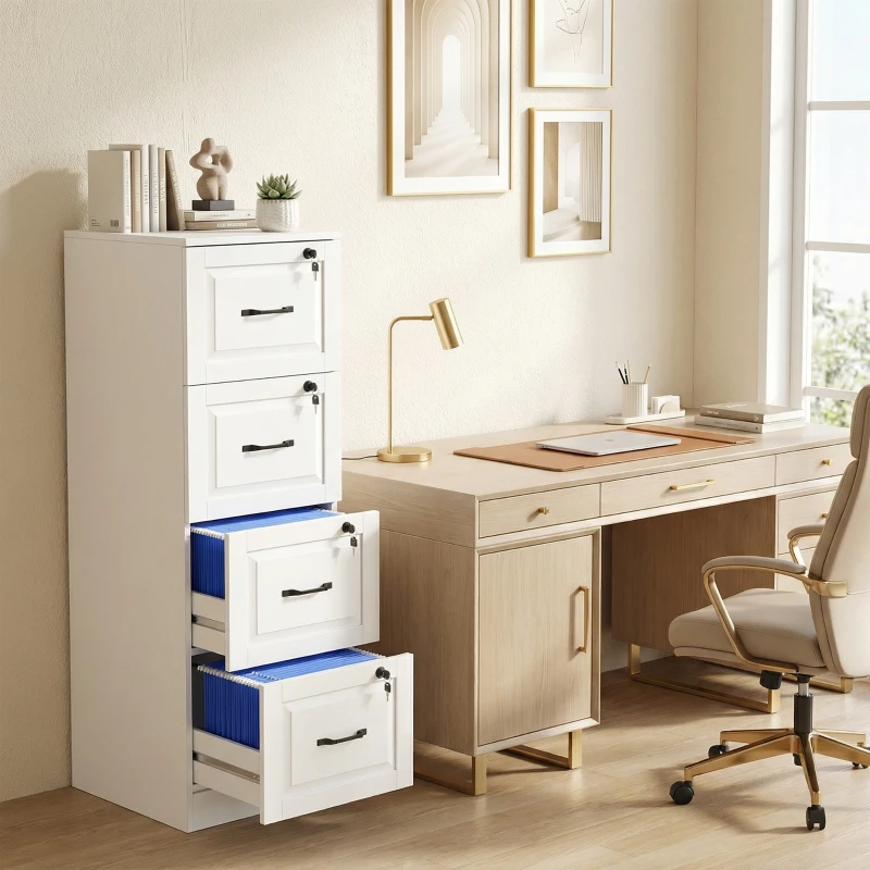 HOMCOM 4 Drawer File Cabinet with Lock, Vertical Filing Cabinet with Adjustable Hanging Bars for A4 and Letter Size, White