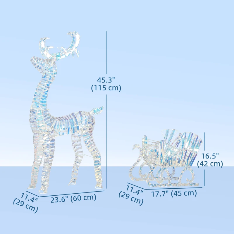Outsunny Lighted Christmas Reindeer with Sleigh, Outdoor Reindeer with 170 LED Lights and Stakes, Holiday Decor, Silver