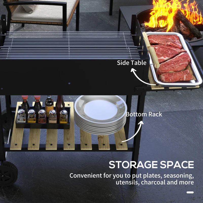 Outsunny Charcoal Grill,Barbecue Trolley with Double Adjustable Grill, Side Table, Storage Shelf and Wheels, Black