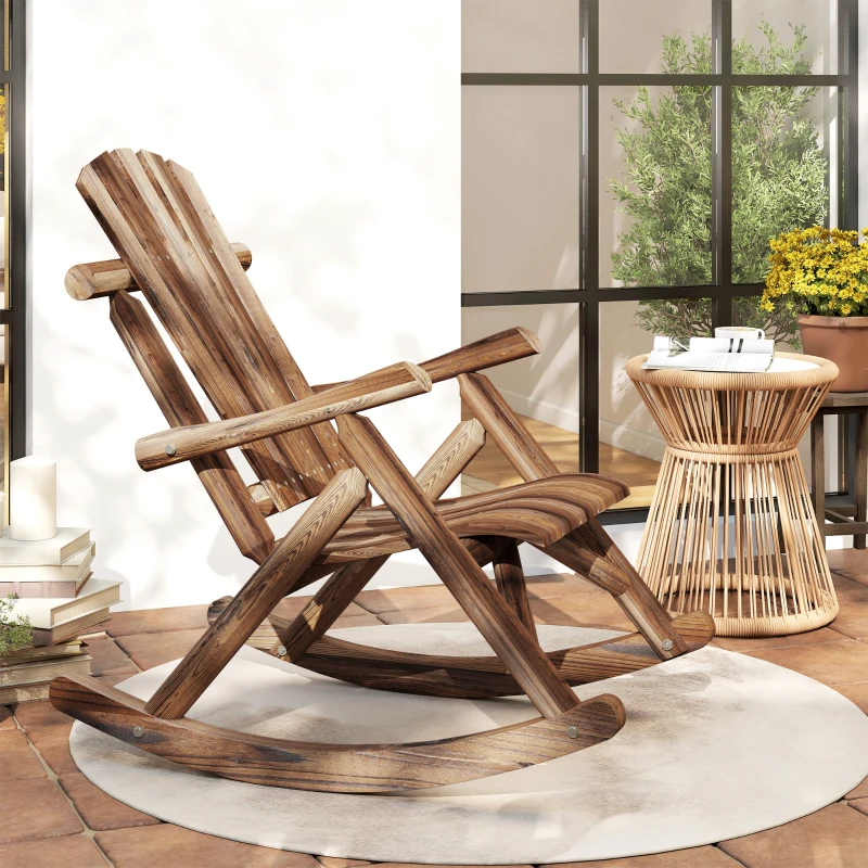 Outsunny Wooden Outdoor Rocking Chair, Oversized Adirondack Patio Rocker with High Back and Slatted Seat, Carbonized