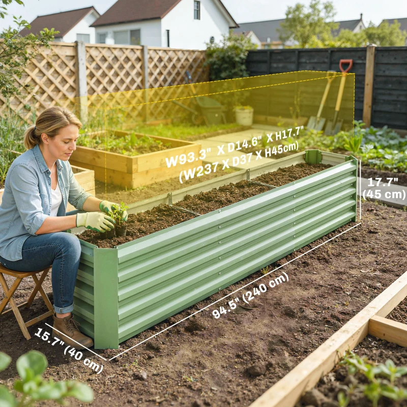 Outsunny 8 x 1.3 x 1.5ft Galvanized Raised Garden Bed, Reinforced Outdoor Planter Box with Open Bottom, Light Green