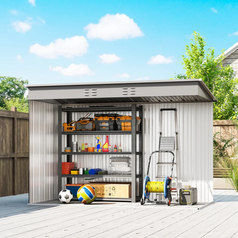 Outsunny 9' x 4' Galvanized Steel Garden Storage Shed with Lockable Doors, Gloves and 2 Air Vents for Backyard, Patio, Lawn
