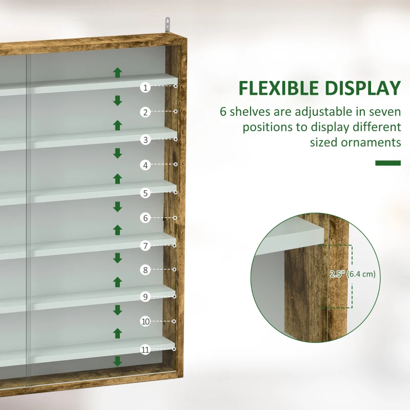 HOMCOM 7-Tier Display Cabinet, Shot Glass Display Case, Glass Curio Cabinet with 2 Glass Doors and 6 Adjustable Shelves, Rustic Brown