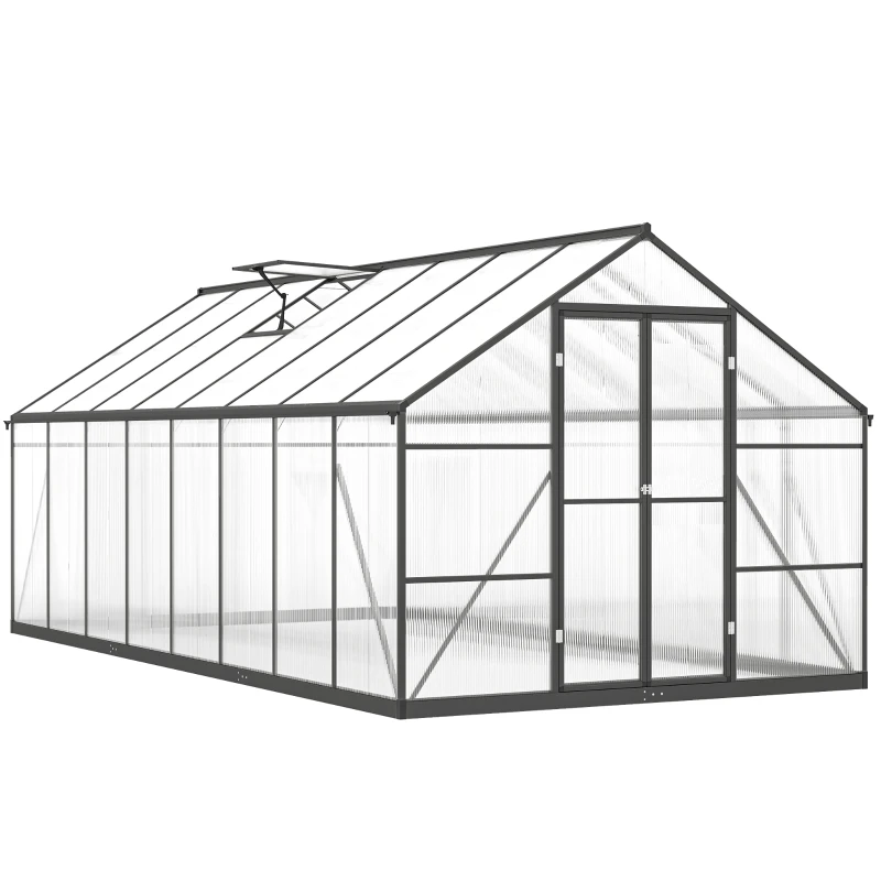 Outsunny Polycarbonate Greenhouse, Walk-in Green House with Two Top Windows, Rain Gutter and Swing Door, 8' x 16' x 7', Dark Grey