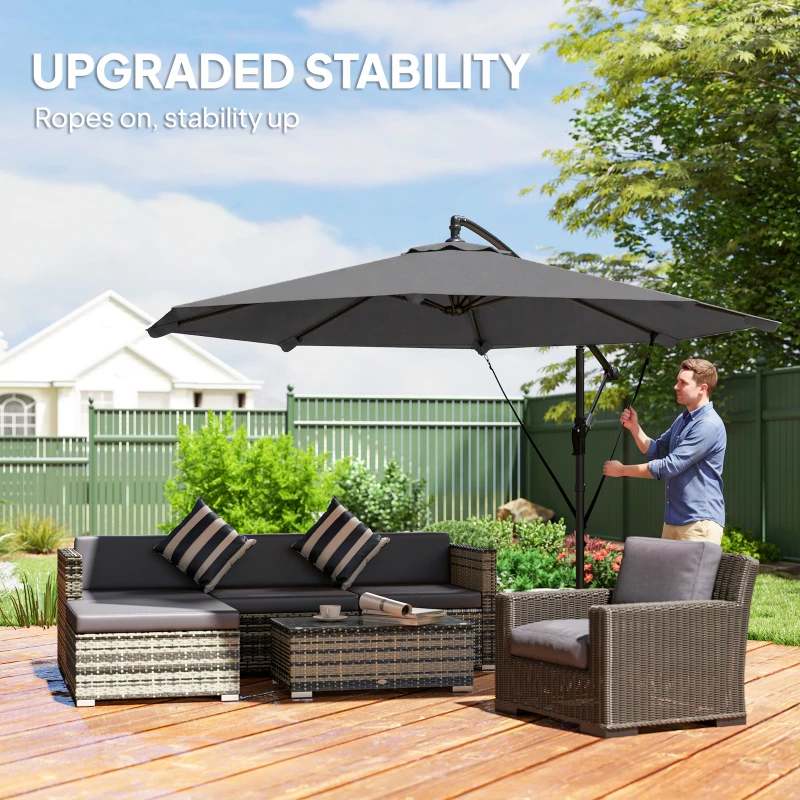 Outsunny 10FT Cantilever Patio Umbrella with 8 Ribs, Offset Patio Umbrella with Cover and Wind Ropes for Garden, Yard, Dark Grey
