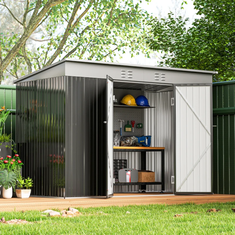 Outsunny 9' x 4' Galvanized Steel Garden Storage Shed with Lockable Doors, Gloves and 2 Air Vents for Backyard, Patio, Lawn