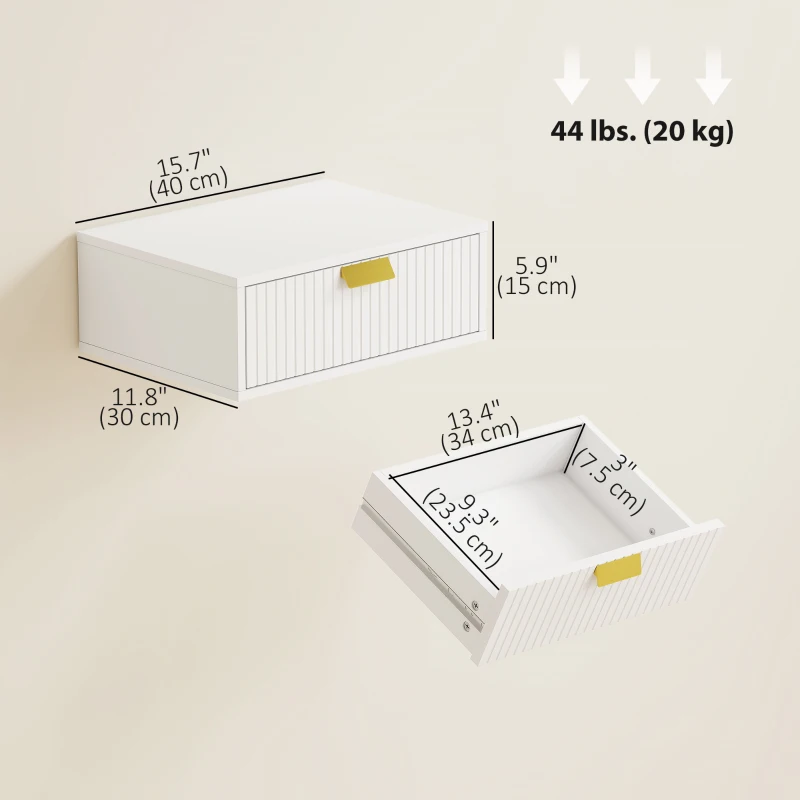 HOMCOM Modern Floating Nightstands Set of 2, Wall Mounted Bedside Tables with Wave Drawer White