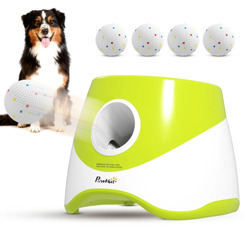 PawHut Automatic Dog Ball Launcher with 5 ETPU Balls 2.3", 3 Distance Settings 20ft, 33ft, 46ft, Green