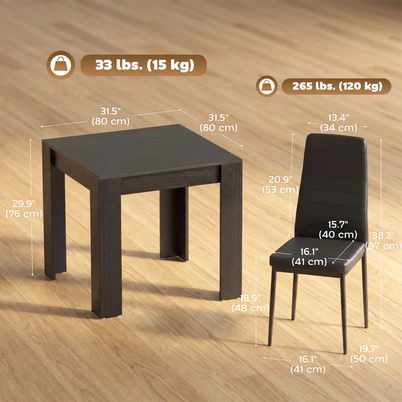 HOMCOM Dining Table Set for 2, Square Kitchen Table and Chairs, Dining Room Table and PU Leather Upholstered Chairs, Black