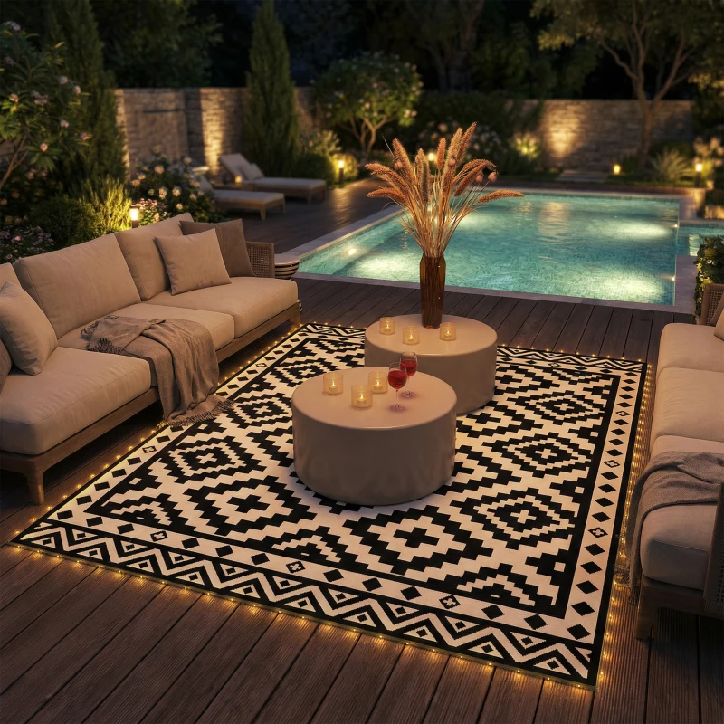 Outsunny Outdoor Rug Carpet Reversible Plastic Straw Rug with LED Lights Black and White 10' x 8' for Patio