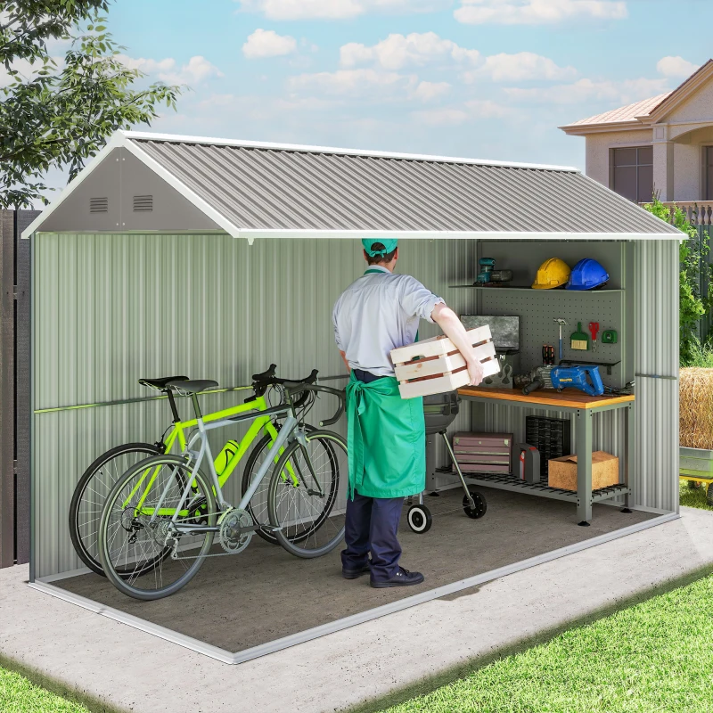 Outsunny 12' x 5.5' Metal Garden Storage Shed, Outdoor Tool Storage House with Lockable Door, Vents, Sloped Roof, Light Grey