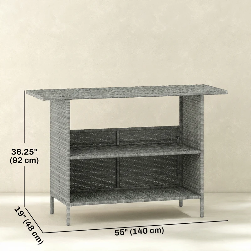 Outsunny Wicker Outdoor Bar Table, PE Rattan Bar Height Patio Table with 2 Shelves, Steel Frame for Garden, Backyard, Dark Grey