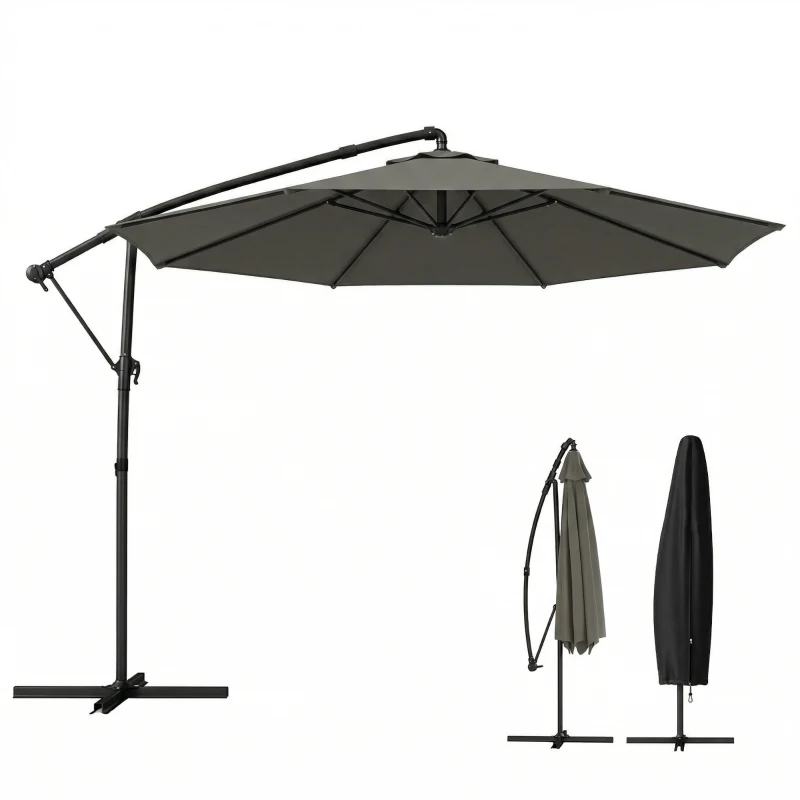 Outsunny 10 ft Offset Patio Umbrella with Cover, Hanging Cantilever Umbrella with 360° Rotation, Crank Handle, Tilt, Gray