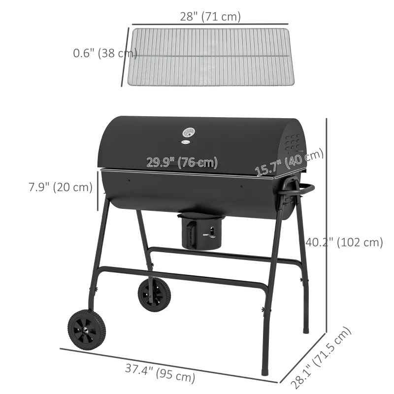 Outsunny Barrel Charcoal BBQ Smoker, Barbecue with 420 sq.in. Cooking Area, Wheels, Ash Catcher, Black