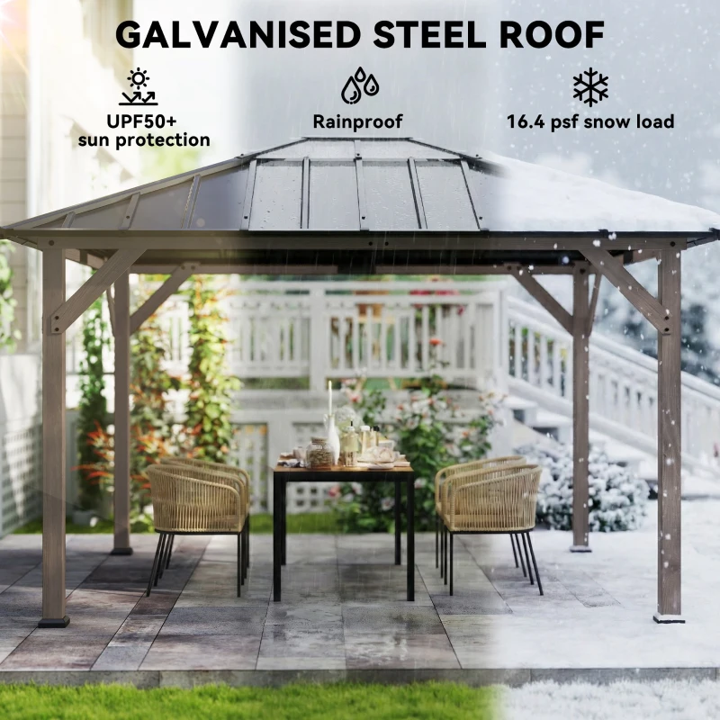 Outsunny 10' x 12' Hardtop Gazebo with Galvanized Steel Roof, UPF50+ Wood Permanent Pavilion with Clear Roof Top, Light Walnut
