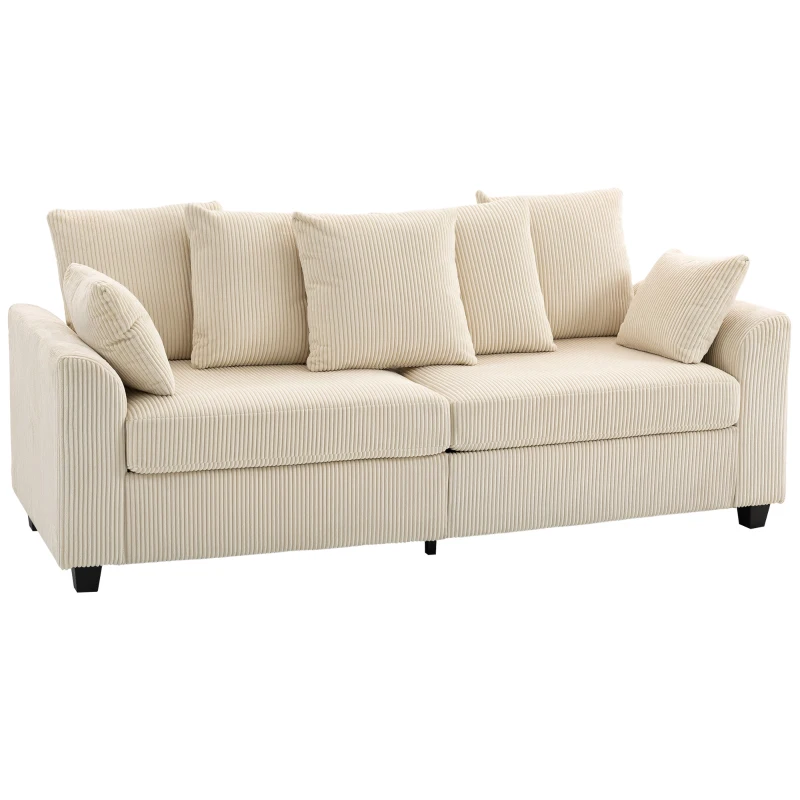 HOMCOM Corduroy Couch, 3 Seater Sofa, Modern Upholstered Couch with Curved Armrests and 8 Removable Pillows, Beige