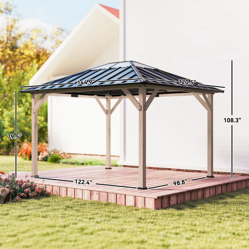 Outsunny 10' x 12' Hardtop Gazebo with Galvanized Steel Roof, UPF50+ Wood Permanent Pavilion with Clear Roof Top, Light Walnut