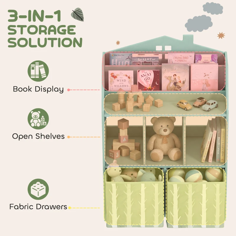 Qaba Kids Bookshelf with Storage, Toy Storage Unit with Book Display, Shelves and Fabric Drawers for Playroom Nursery, Green