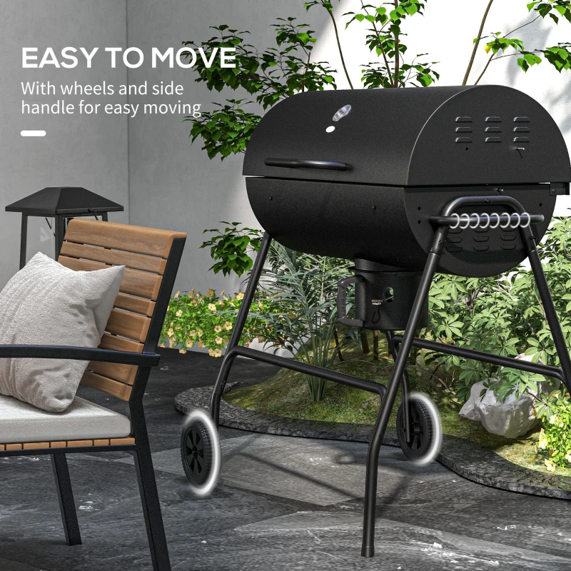 Outsunny Barrel Charcoal BBQ Smoker, Barbecue with 420 sq.in. Cooking Area, Wheels, Ash Catcher, Black