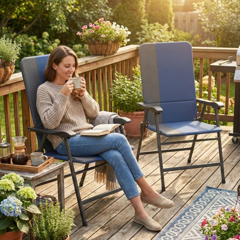 Outsunny Folding Patio Chairs Set of 2, Padded High Back Lawn Camping Chairs with Armrests, 600D Oxford Fabric, Dark Blue