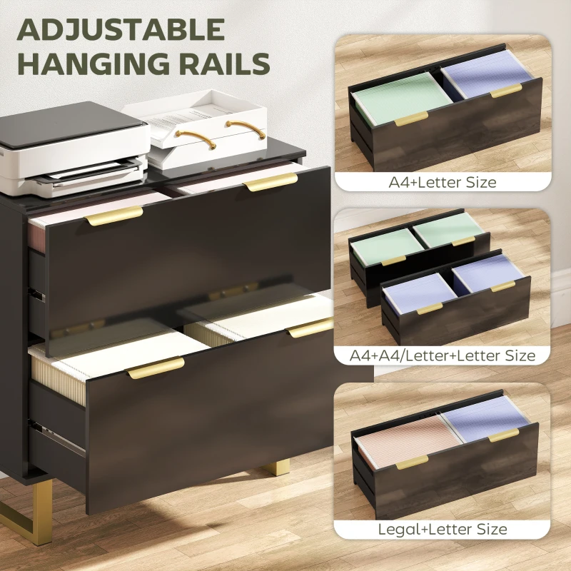 HOMCOM Lateral File Cabinet with 2 Drawers, Modern Filing Cabinet for Letter/A4/Legal Size Files, High Gloss Black