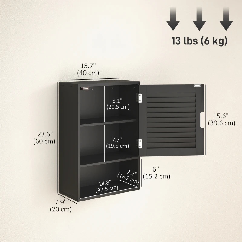 HOMCOM Bathroom Cabinet, Wall Mounted Storage Cabinet with Adjustable Shelves, 40 x 20 x 60 cm, Black