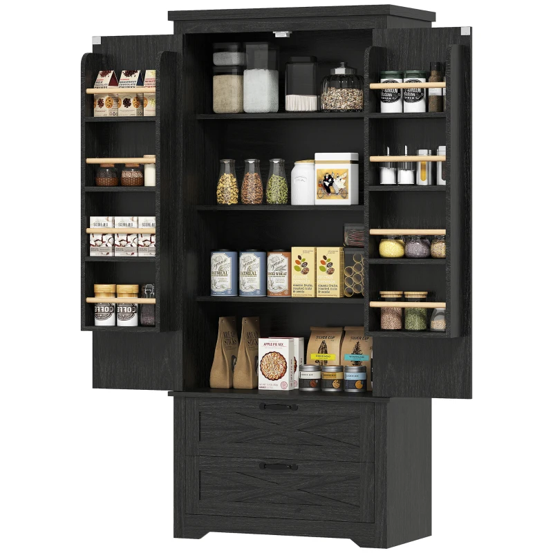 HOMCOM Farmhouse Kitchen Pantry Storage Cabinet, 64" Freestanding Kitchen Pantry Cabinet with Drawers, Distressed Black