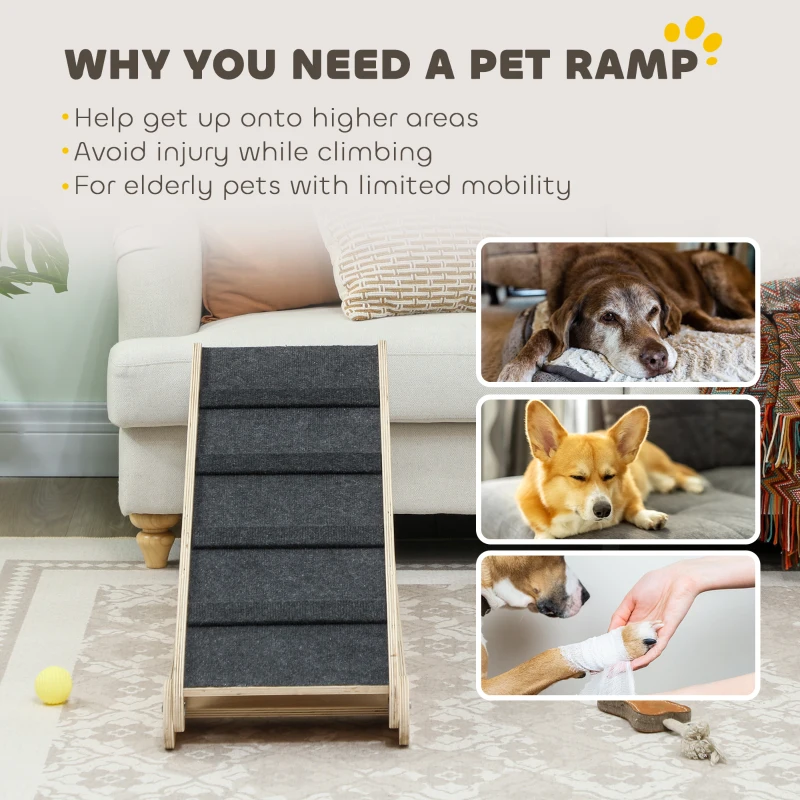 PawHut Dog Ramp for Bed Couch, Foldable Pet Ramp Height Adjustable 4 Levels from 14.75" to 24.5" for Cats and Small Dogs with Non-Slip Carpeted Surface, Natural