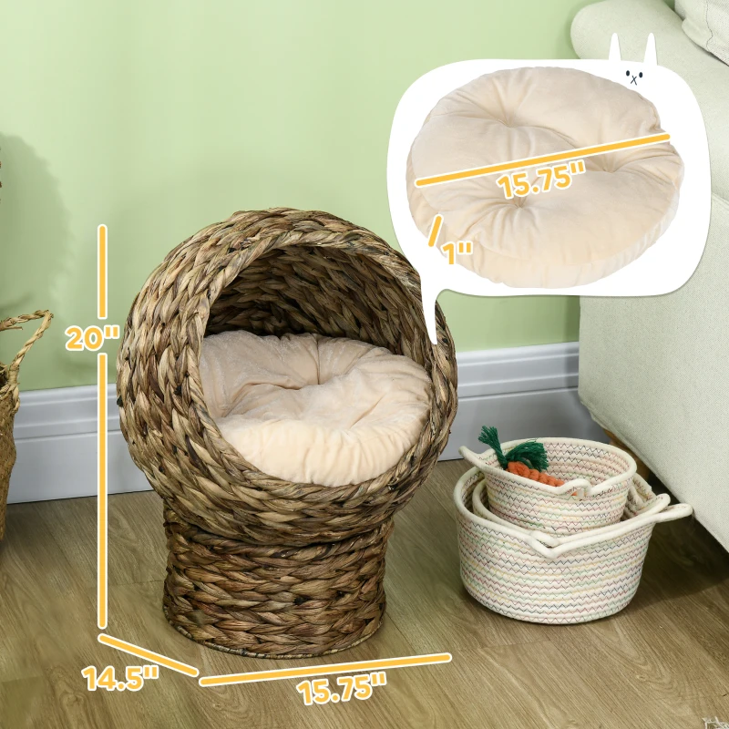PawHut Handwoven Elevated Cat Bed with Soft Cushion & Egg Chair Shape, Basket Bed Kitty House with Stand, Raised Wicker House for Indoor Cats, 20" H, Gray