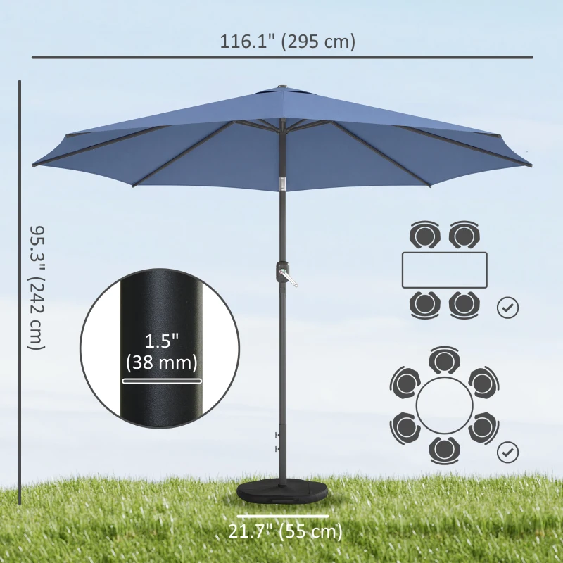 Outsunny 10' x 10' Round Market Umbrella with Base and Sandbag, Patio Umbrella with Crank Handle and Tilt, Blue