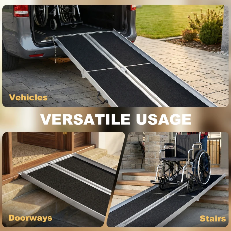 HOMCOM 10' Skidproof Portable Wheelchair Ramp for Home, Steps, Doorways, Carpeted Foldable Handicap Ramp, Threshold Ramp
