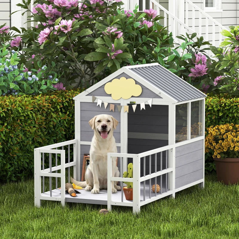PawHut Outdoor Dog House, 61"L Wooden Dog House with Porch, Weatherproof Roof, Elevated Base, Air Vents & Observation Windows