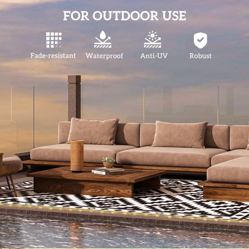 Outsunny Outdoor Rug Carpet Reversible Plastic Straw Rug with LED Lights Black and White 12' x 9' for Patio