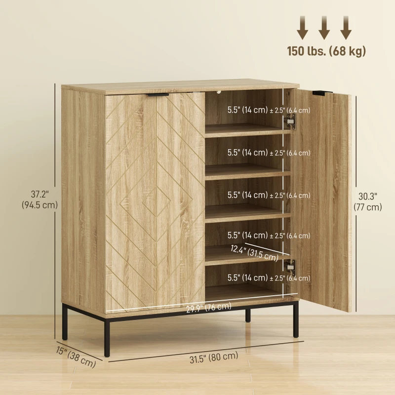 HOMCOM Shoe Storage Cabinet for 15 Pairs, Freestanding Shoe Cabinet with Doors and Adjustable Shelves for Hallway, Oak