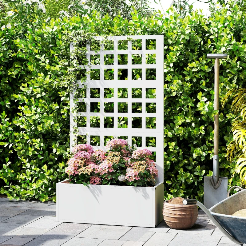 Outsunny Galvanized Raised Garden Bed Planter Box with Trellis for Climbing Plants, Vegetable, Vines, 24" x 9" x 44.5", White