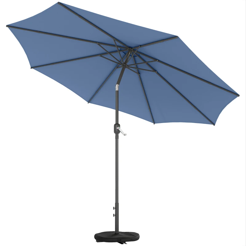 Outsunny 10' x 10' Round Market Umbrella with Base and Sandbag, Patio Umbrella with Crank Handle and Tilt, Blue