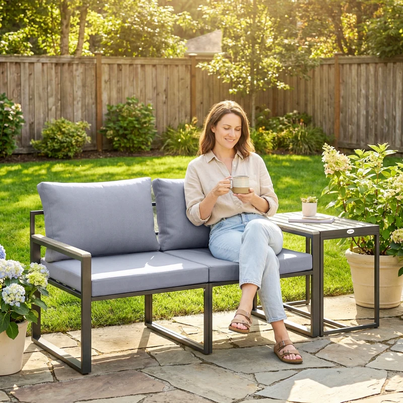 Outsunny Outdoor Bistro Set, Patio Furniture Set with 2 Chairs and Side Table for Garden Balcony Poolside, Grey