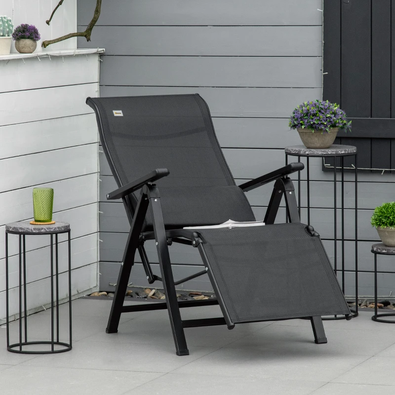 Outsunny Outdoor Recliner Lounge Chair with Adjustable Backrest, Cushion, Black