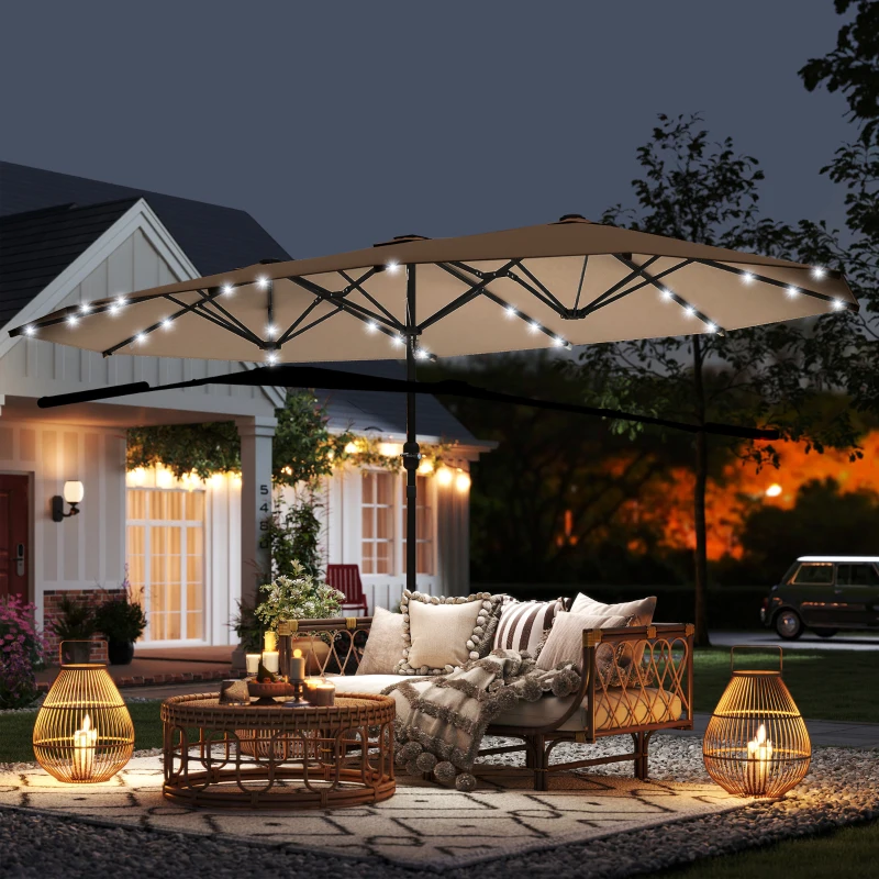 Outsunny 174" Double-Sided Sun Umbrella Garden Parasol Patio Sun Shade Outdoor with LED Solar Light, Khaki