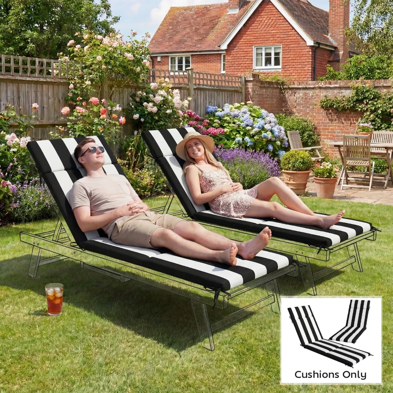 Outsunny Outdoor Chaise Lounge Cushions Set of 2 with 6 Ties, High-Density Foam, for Patio and Poolside, Black and White