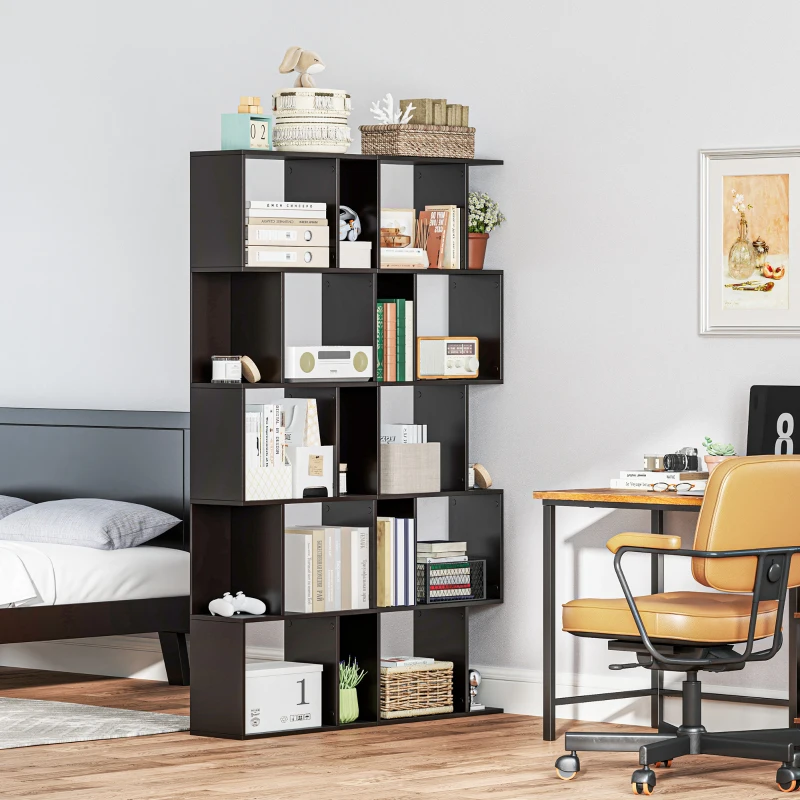 HOMCOM 5-Tier Geometric Bookshelf, S Shaped Bookcase, Modern Freestanding Display Shelf Unit for Home Office, Black