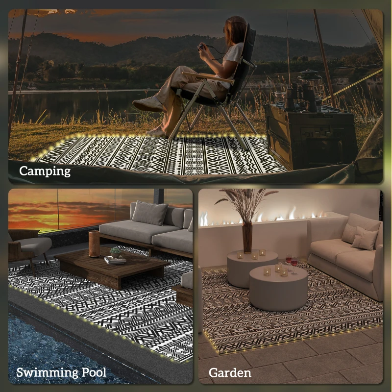 Outsunny Outdoor Rug Carpet with USB Lights Reversible Patio Rug with Carry Bag for Camping 10' x 8'
